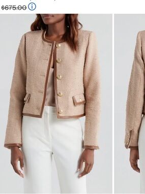 L'AGENCE Beige Tweed  Zayan Cropped Blazer with Leather Trim $675 sz 4 NEW